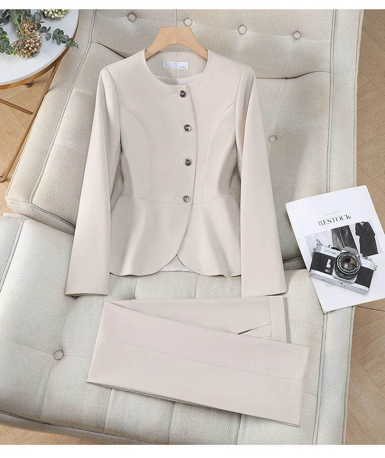Elegant Ladies Autumn Trousers Suit Women Long Sleeve Blazer and Pants 2 Piece Matching Sets Work Wear Office Formal Outfit