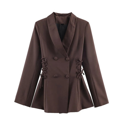 Women Brown Blazer Jacket Y2k 2000s Vintage Bandage Suit Coat Long Sleeve Double Breasted Oversize Outerwear Spring Autumn 2026