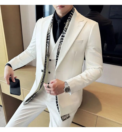 Scarf With Design Double Collar Suit Men's Business Casual Groom Wedding Slim Fit Suit Tuxedo 3-piece Set (Jacket+Vest+Pant)