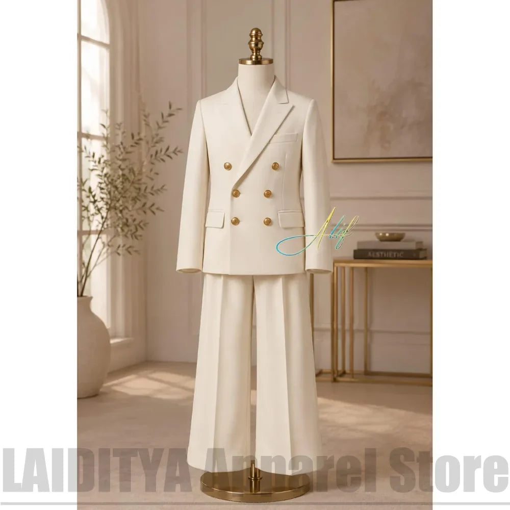 Fashion Boys Suit 2 Piece Double Breasted Blazer Wide Leg Pants Kids Wedding Formal Outfit Birthday Party Daily Casual Tuxedo