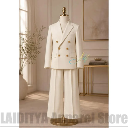 Fashion Boys Suit 2 Piece Double Breasted Blazer Wide Leg Pants Kids Wedding Formal Outfit Birthday Party Daily Casual Tuxedo