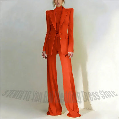 Women Pant Suit 2 Piece Set Office Female Business Work Formal Jacket Trouser One Button Chic Yellow Peaked Lapel Elegant Suit