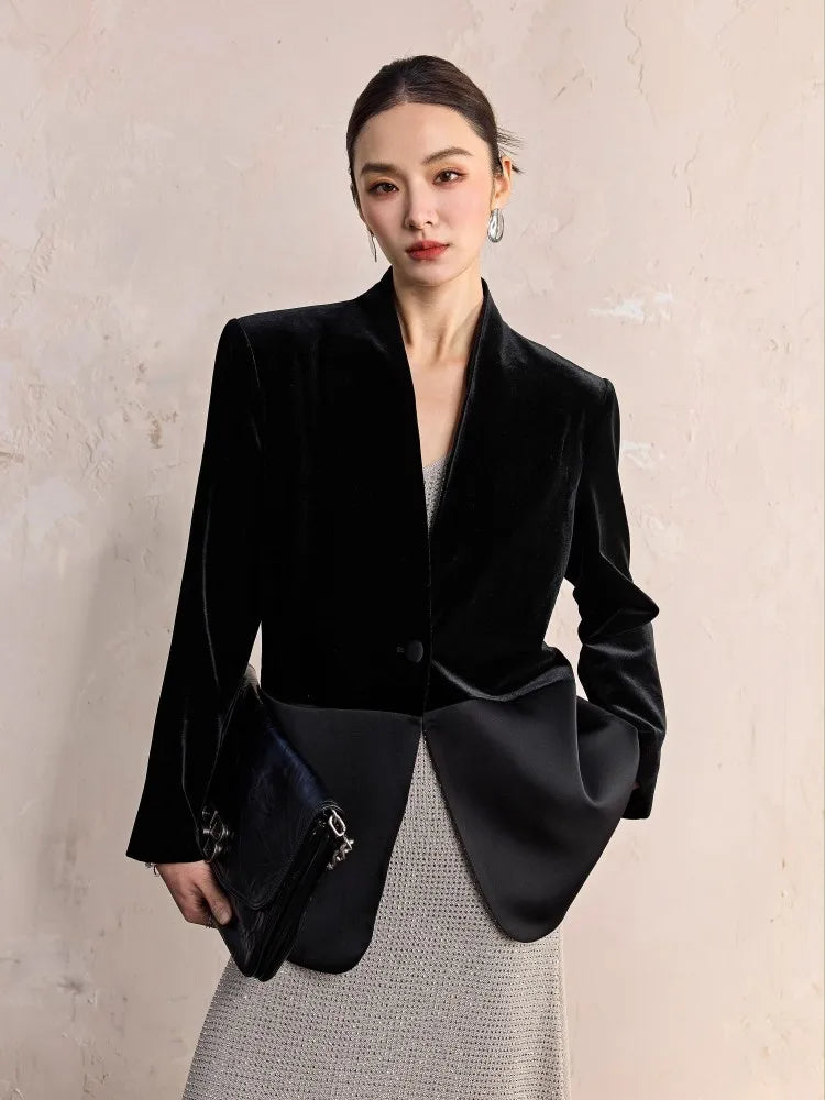 One Button Velvet Spliced Women Blazers Contrast Color Suit Jacket V-Neck Work Lady Loose Fit Outerwear Long Sleeve Autumn Coat