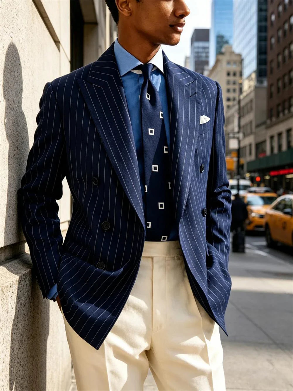 Navy Blue Striped Pattern Business Suit Jacket Double Breasted Slim Fit Blazer Casual Formal Attire Office Groom's Wedding Dress