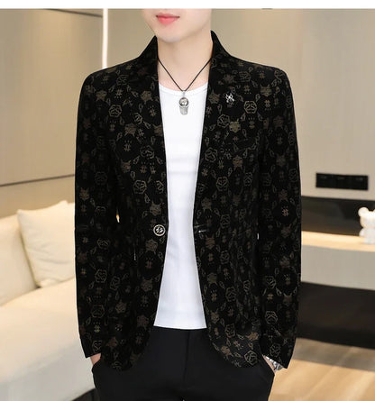 Blazer New Men's Fashion Corduroy Business Gentleman Slim Letter English Style Outdoor Performance Wedding Banquet Casual Blazer