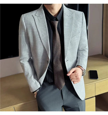 Men's Smart Casual Blazer – Vintage Coin Check Pattern – Brown & White Grey – Shopping & Office Wear
