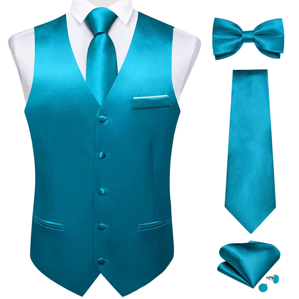 Men's Satin Suit Vest Set with Necktie Bow Tie Handkerchief and Cufflinks for Wedding and Formal Occasions