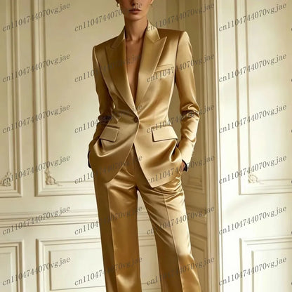 Bronze Gold Acetate Satin Women Suit Formal Wedding Party Business Prom Ladies Girl Mother Costume 2 Piece Set Jacket Pants