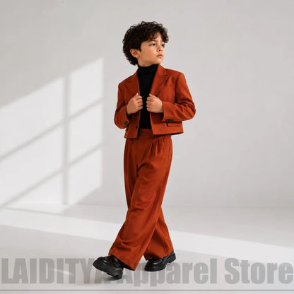 Kids Boys Retro Cropped Suit 2 Piece Blazer Wide Leg Trousers Outfit For Wedding Birthday Party Stage Show Casual Formal Tuxedo