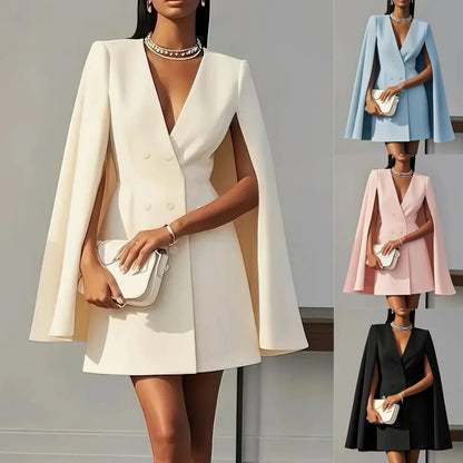 Women Chic Blazer V-neck Double Breasted Shawl Cape Solid Color Slim Fit Suit-Dress Elegant Fashion Coat New Spring HK19886