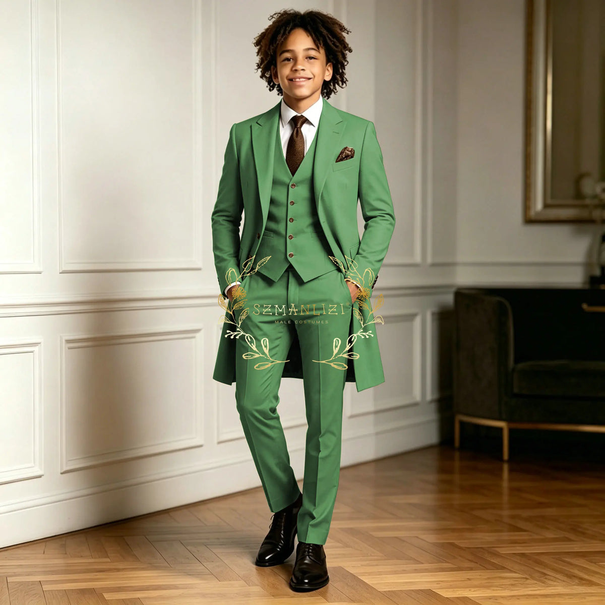 Premium Light Green Boys Formal Suit Sets 3 Pieces Long Jacket Vest Pants Occasion Wear For Wedding Party Banquet Performance