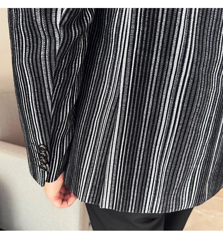 High Quality Plush Striped Fashion casual Suit Jacket Autumn Winter New Men Slim Fit Business Formal Social Prom Party Tuxedos