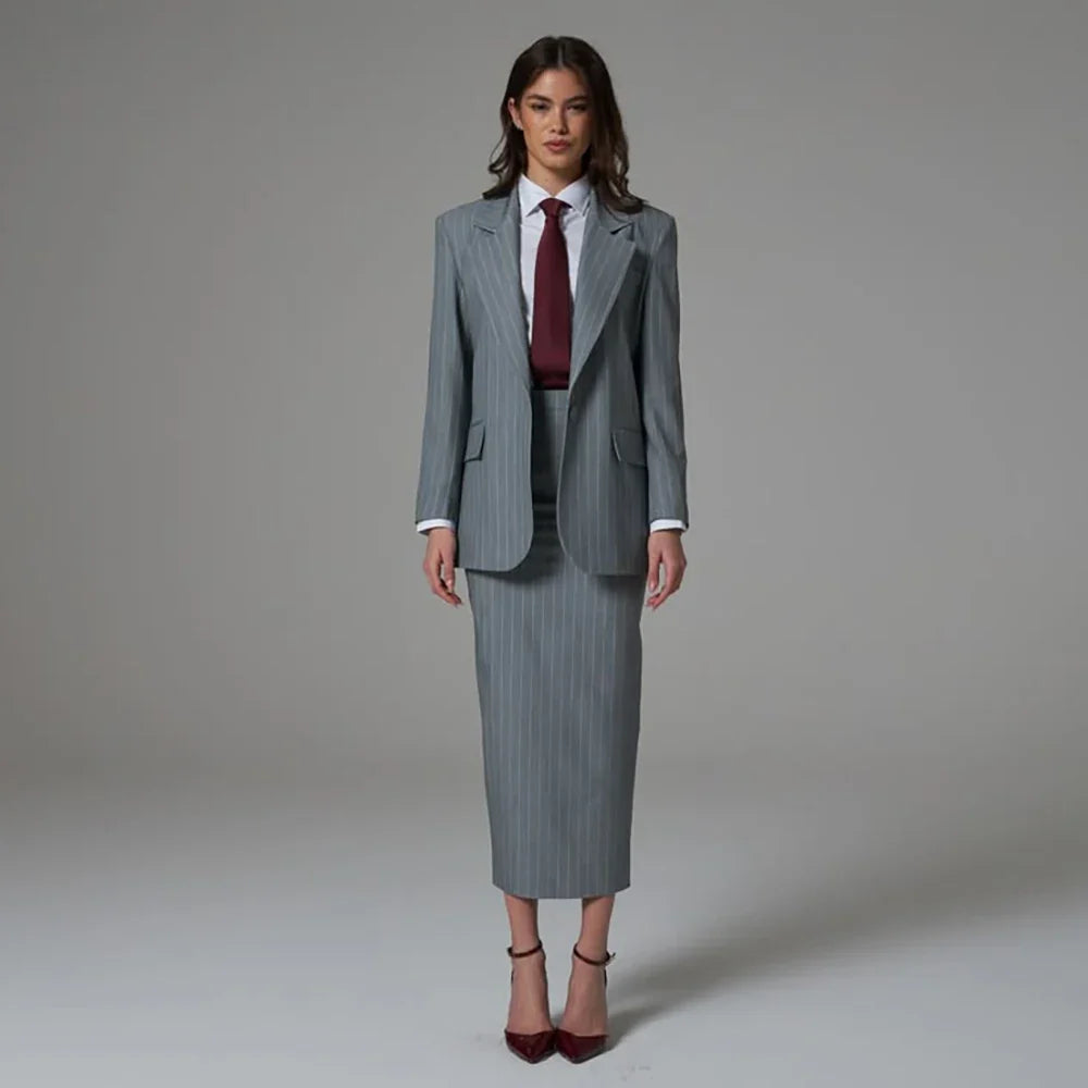 Professional Women Grey Pinstripe 2 Pieces Suit Single Button Jacket Midi Skirt Set Formal Office Business Party Outfit