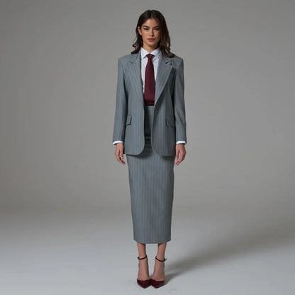 Professional Women Grey Pinstripe 2 Pieces Suit Single Button Jacket Midi Skirt Set Formal Office Business Party Outfit