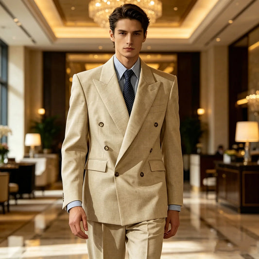 Men's Linen Suit Set Double Breasted 2-Piece Peak Lapel Classic Business Formal