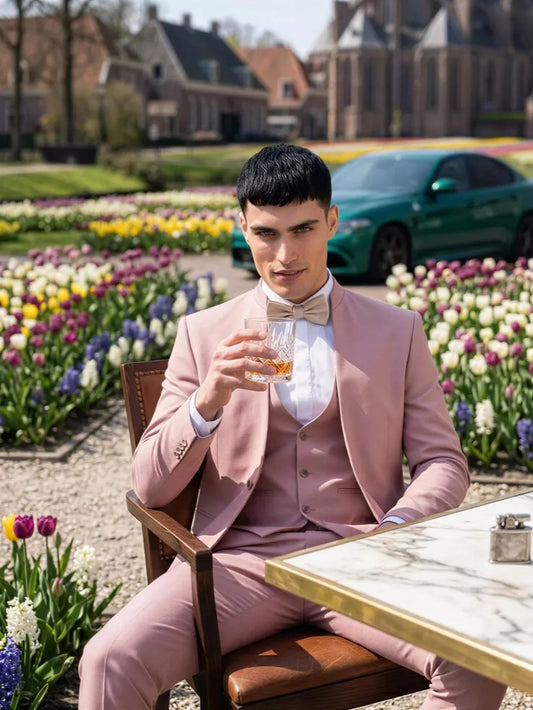 Pink Handsome Men's Suit Set 3 Pieces Wedding Groom Sets Elegant Long Sleeve Tuxedo For Banquet Party Classic Plus Size Suits
