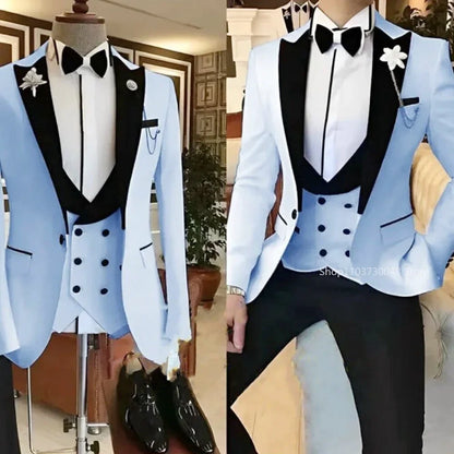 Royal blue Classic Solid Lapel 3-Pieces Men's Suit Slim Fit Elegant Blazer Vest Pant Set For Wedding And Business