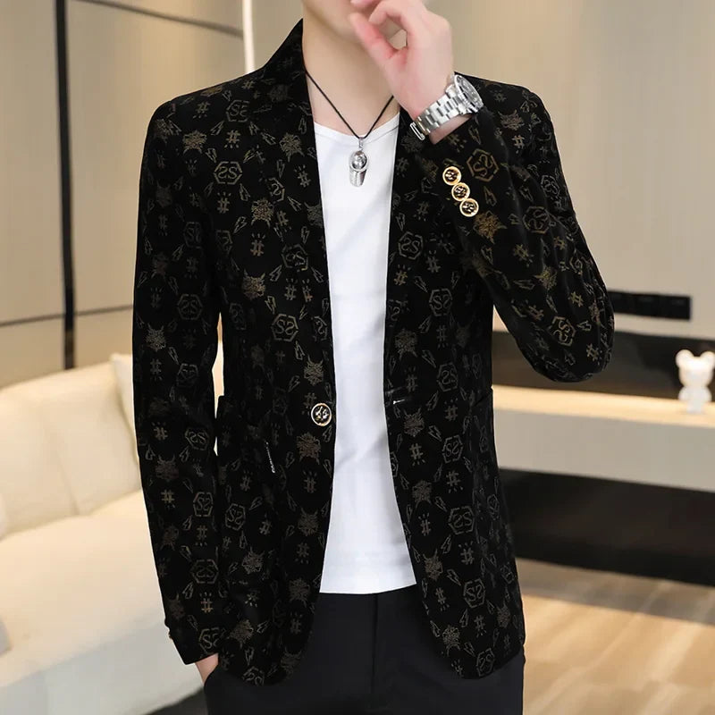 Blazer New Men's Fashion Corduroy Business Gentleman Slim Letter English Style Outdoor Performance Wedding Banquet Casual Blazer