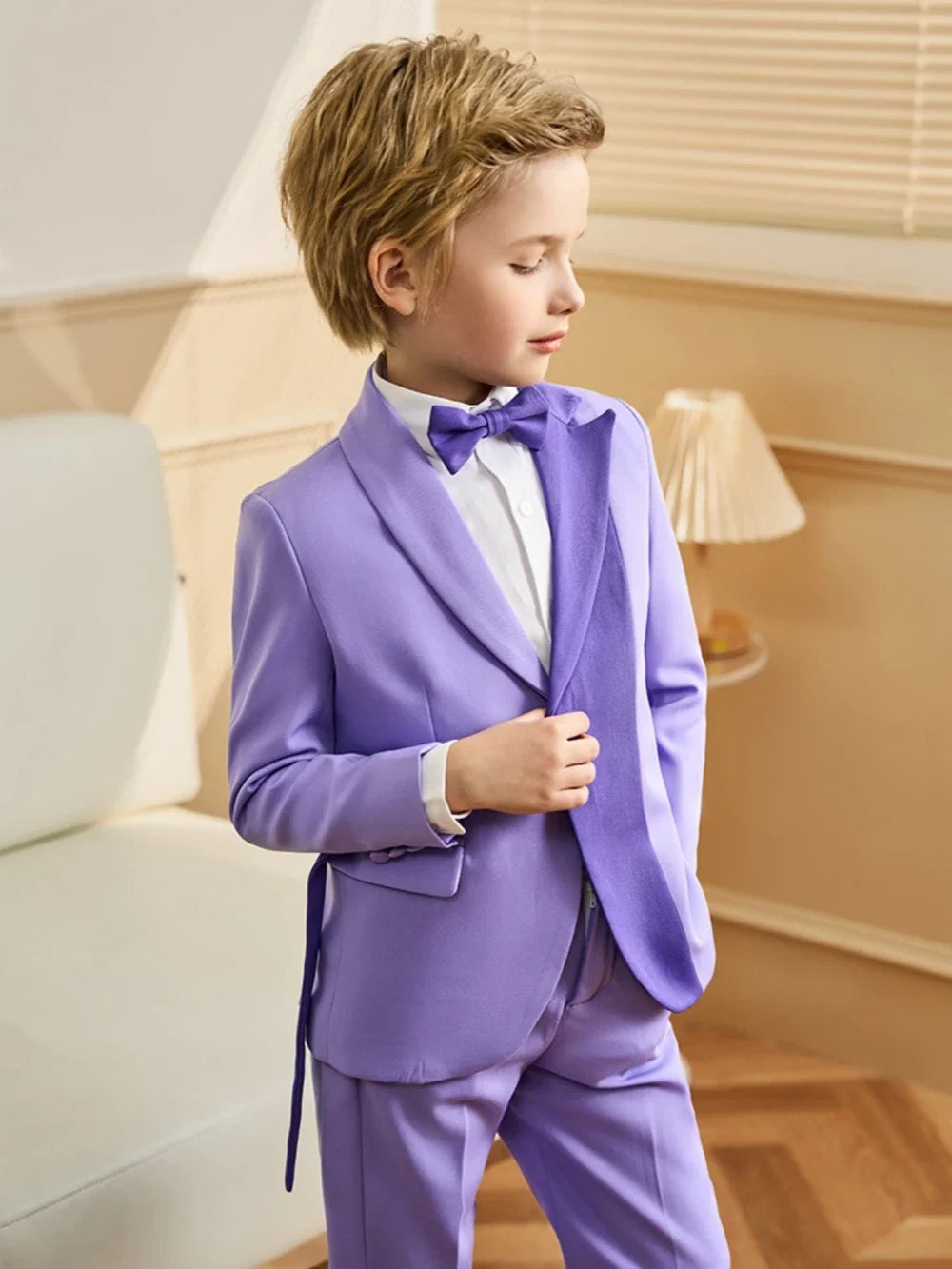 Txjojn Stylish Purple Kids Tuxedo 3 Pieces Blazer Pants With Bow-tie Dancing Wear Handsome Boys Full Sleeve Suits For Party