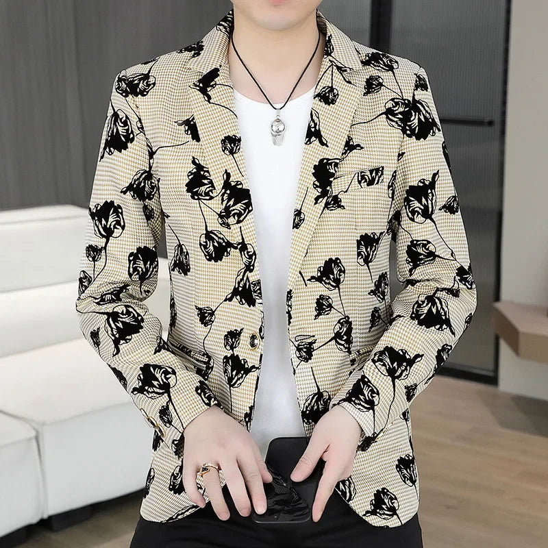 Blazer: Outdoor Fashion Business Gentleman Print Wedding Host Campus Slim-fit Casual Korean-style Youthful Versatile Men Blazer