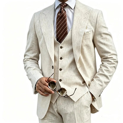 Men's Suit Customized 3 Piece Blazer Vest Pant Linen Set Full Man Terno Linen Suit Notched Lapel Casual Tuxedo Summer Wedding