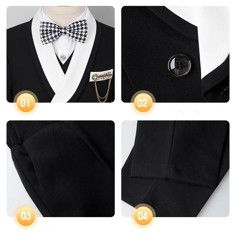 Kids 5Pieces Suit Set With Jacket Vest Pants Bowtie Brooch Boys Birthday Wedding Party Dress Children's Performance Costume