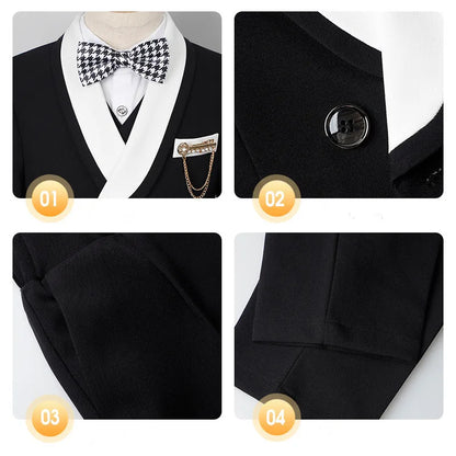 Kids 5Pieces Suit Set With Jacket Vest Pants Bowtie Brooch Boys Birthday Wedding Party Dress Children's Performance Costume