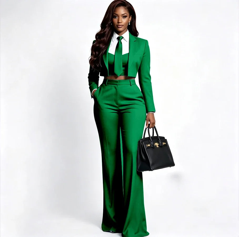 Sharp Women's Burgundy Suit Tailored Cropped Jacket+Wide Leg Pants 2 Piece Set Formal Evening Party Female Clothing