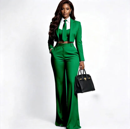 Sharp Women's Burgundy Suit Tailored Cropped Jacket+Wide Leg Pants 2 Piece Set Formal Evening Party Female Clothing