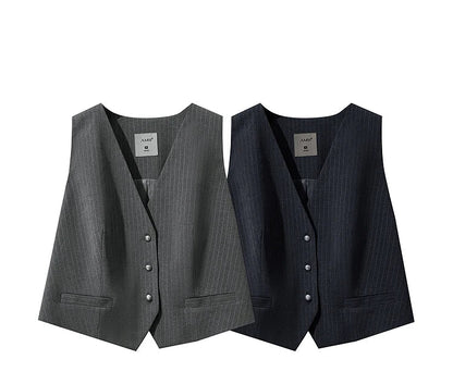 Women's Vest 2025 Autumn New V-neck Single Breasted Striped Sleeveless Vest Women Office Short Elegant Top Female 12523090