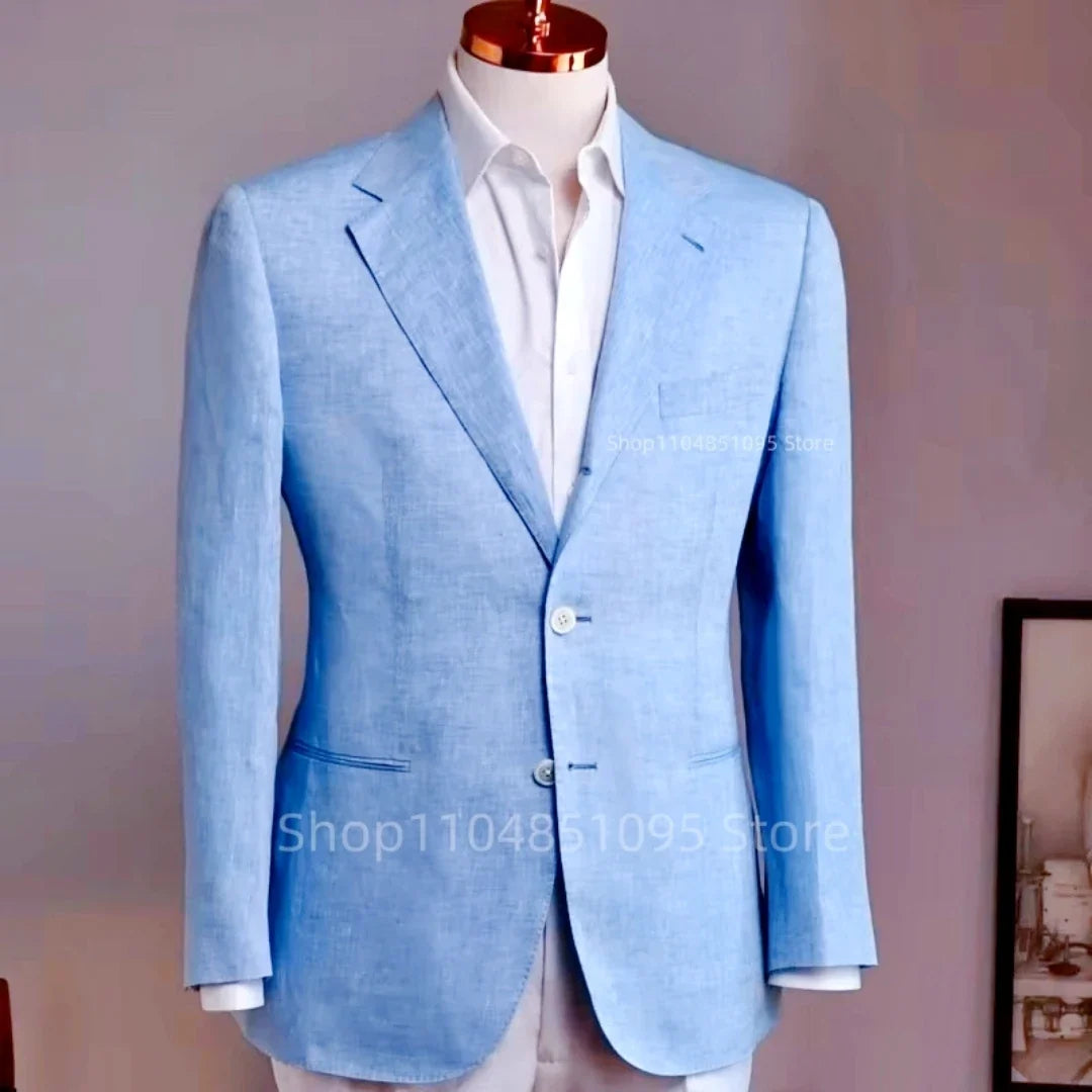 Blue Men Suit Linen Blazers Jackets Business Casual Suit Designer Coats Spring Summer Casual Wear Slim Fit Blazers Tops