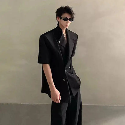 2026 Summer Fashion Double Breasted Solid Color Short Sleeve Blazer Coat Men's Elegant Temperament Korean Clothes JY6389