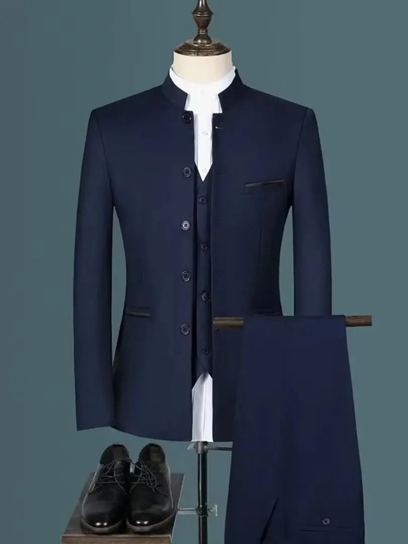 Ensemble de costume classique pour homme, smoking d'affaires chinois, revers montagne, 3 pièces, de haute qualité, pour mariage ou soirée, blazer + pantalon