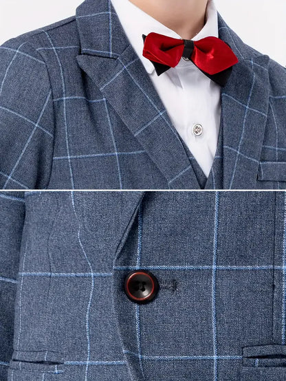 Boys Plaid 4Pieces Wedding Suit Set With Jacket Vest Pants Bowtie Kids Host Piano Performance Suit Children's Birthday Blazer