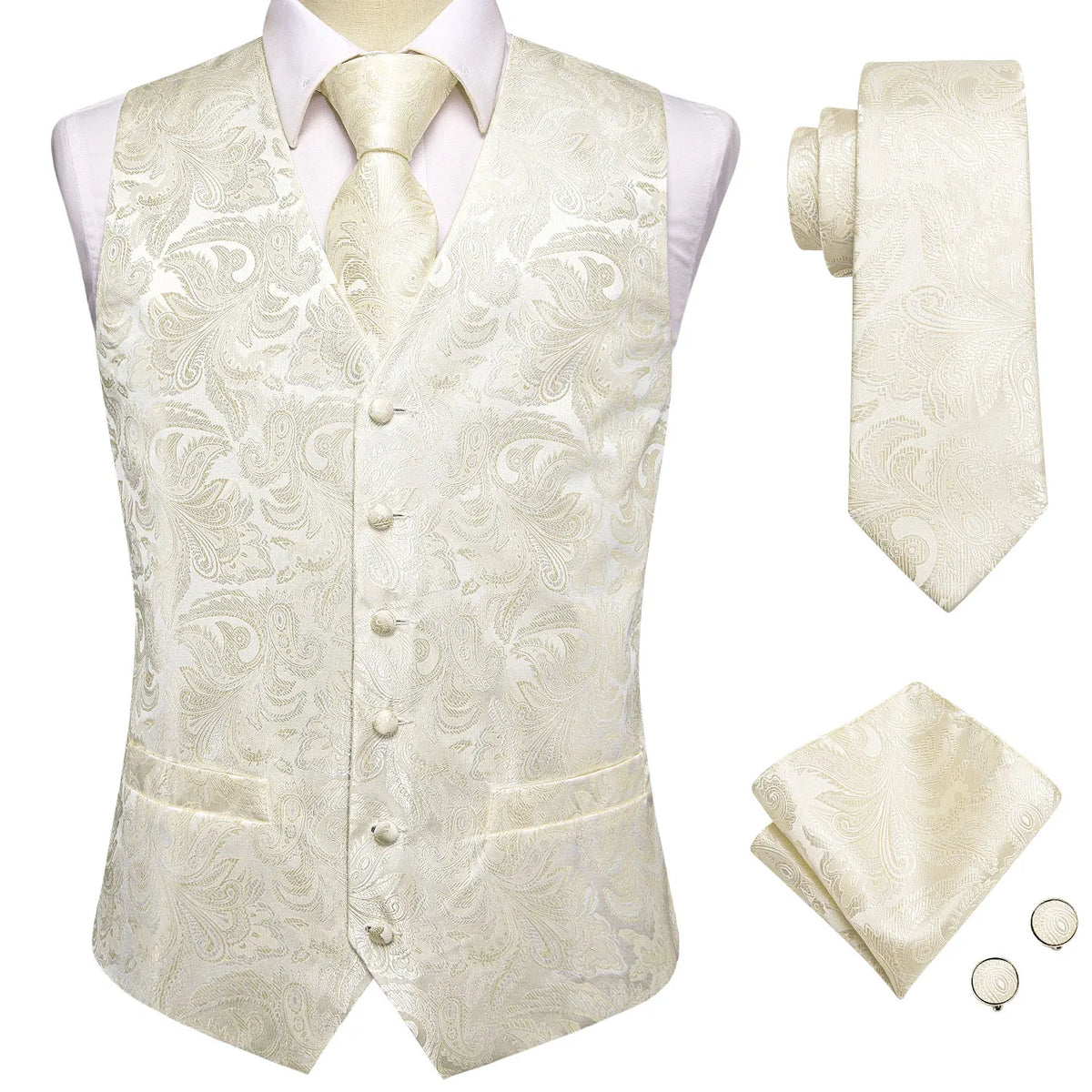 Men's Suit Vest Set with Tie Hanky and Cufflinks – Beige Paisley Waistcoat for Weddings and Formal Occasions
