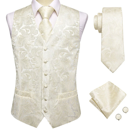 Men's Suit Vest Set with Tie Hanky and Cufflinks – Beige Paisley Waistcoat for Weddings and Formal Occasions