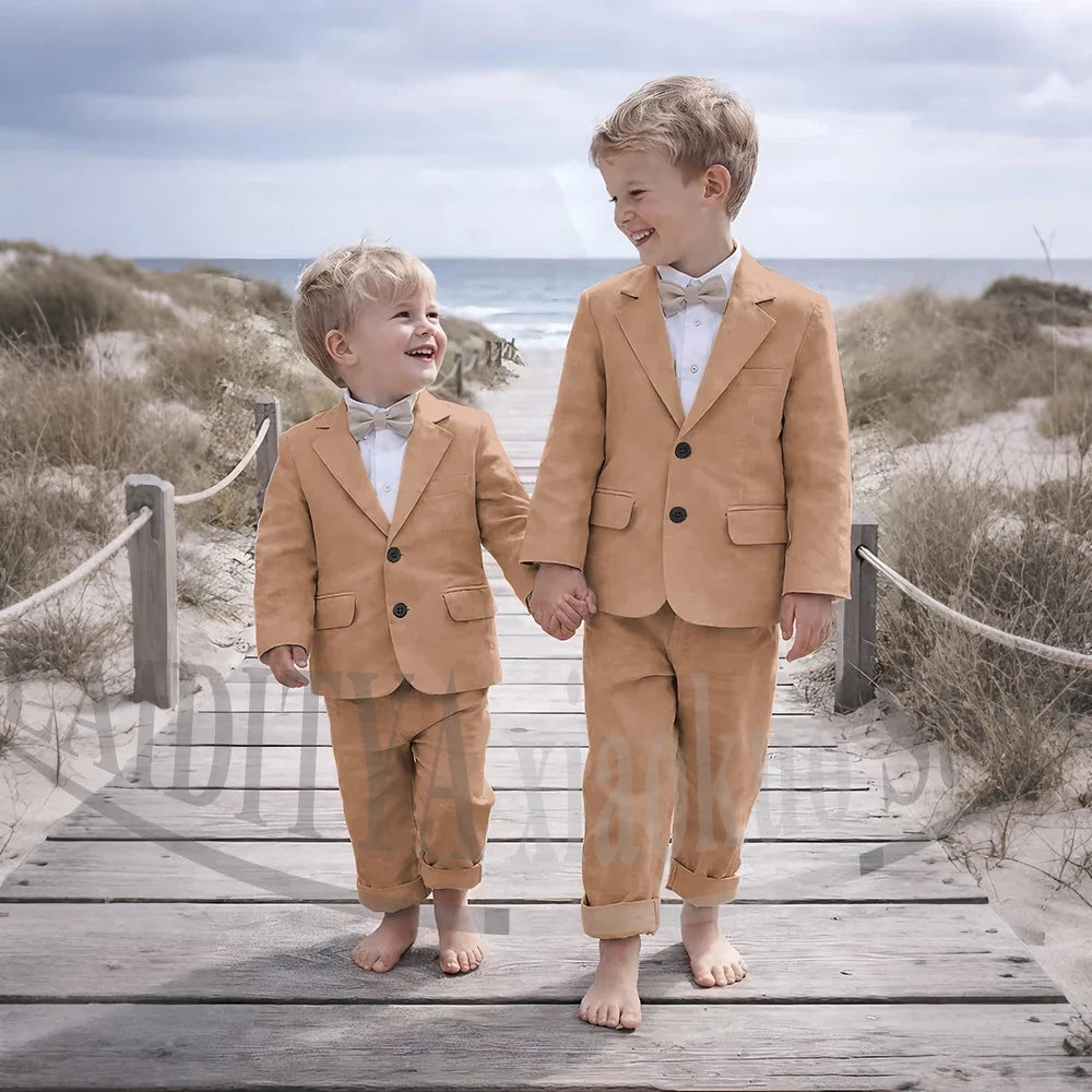 Beige Linen 2 Pieces Boys Suit Jacket Pants Kids Ring Bearer Outfit Breathable Summer Beach Wedding Birthday Party Costume