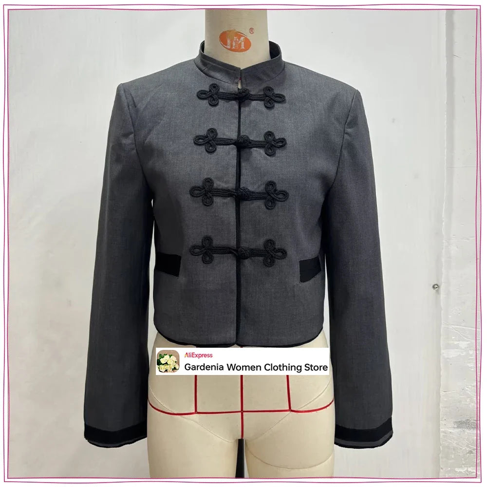 Elegant Chic Frog Fastening Blazers for Women Long Sleeve High Round Neck Blazer with Contrasting Frog Clasp & Cuffs and Pockets