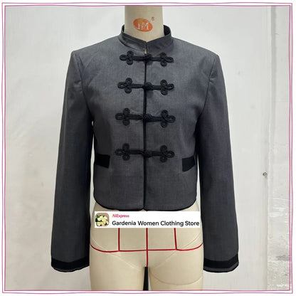 Elegant Chic Frog Fastening Blazers for Women Long Sleeve High Round Neck Blazer with Contrasting Frog Clasp & Cuffs and Pockets