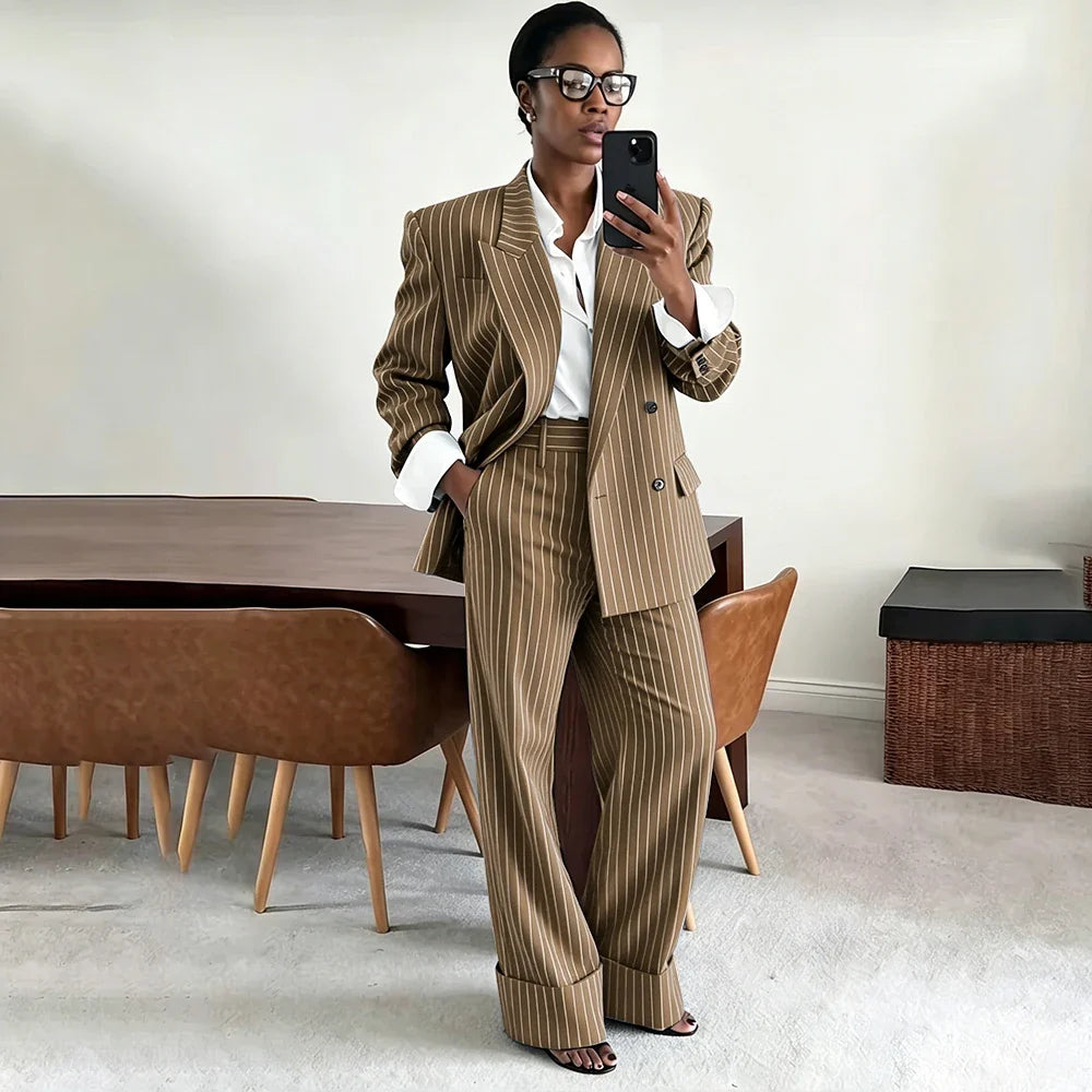 Neutral Gray Pinstripe Oversized Matching Sets Double Breasted Women's Suit Casual Formal 2-Piece(Jacket+Pants) Office Set