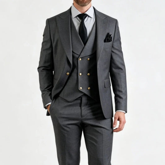 Men Suit Dark Gray 3 Pieces Gold Button With Lapel For Wedding Birthday Banquet Party Business Work Office Jacket Vest Pants