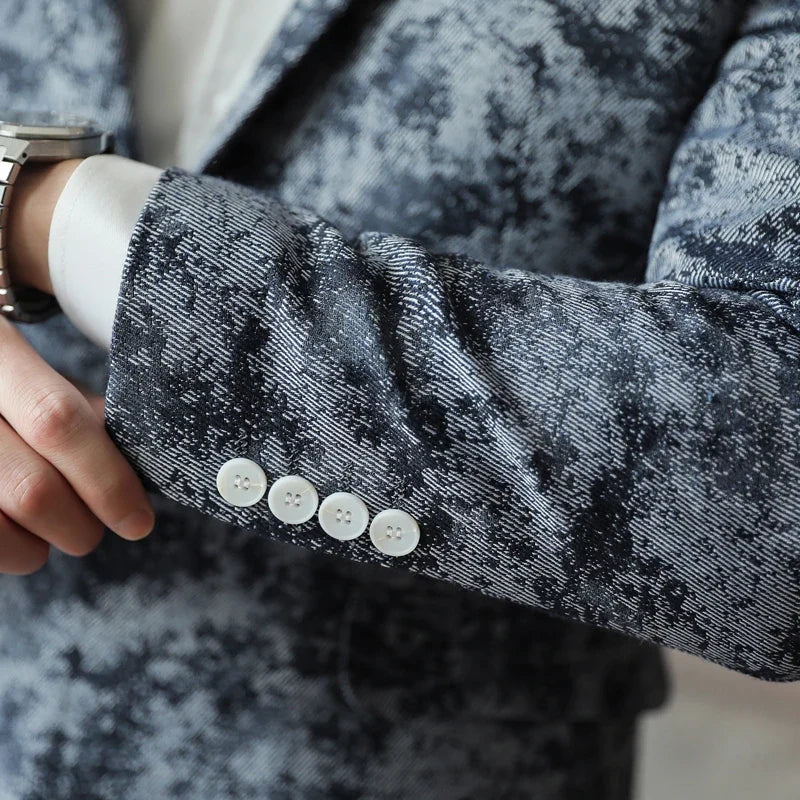 2026 Spring Denim Blue Men's Casual Suit Jacket Korean Slim Blazers Tie-dyed Business Social Jacket Banquet Party Dress Coats