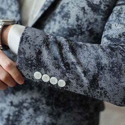 2026 Spring Denim Blue Men's Casual Suit Jacket Korean Slim Blazers Tie-dyed Business Social Jacket Banquet Party Dress Coats