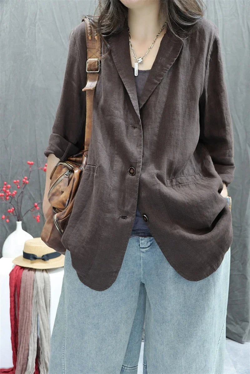 2026 Autumn New Style Women's Casual Pure Color Linen Long Sleeve Retro Fashionable Versatile Suiting Jacket Classic All-Match