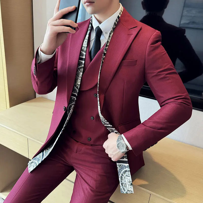 Double Collar Suit Set 3 Pieces Business Formal Casual Suits Vest Trousers Office Work Party Prom Wedding Groomsmen Clothing