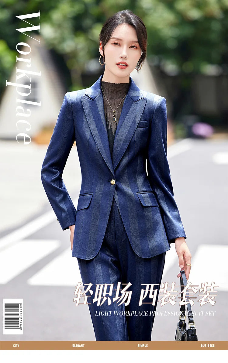 Women Blazer Pants Sets Yellow Two Pieces 2024 Autumn Workwear Trousers Formal Striped Navy Blue Long Sleeve Tops Pantsuit