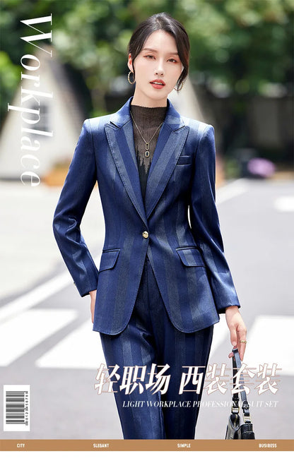 Women Blazer Pants Sets Yellow Two Pieces 2024 Autumn Workwear Trousers Formal Striped Navy Blue Long Sleeve Tops Pantsuit