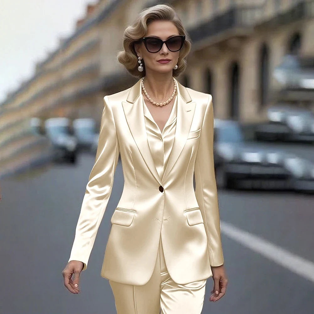Women's Gold Satin Blazer Suit Set Stylish Single-Breasted Jacket+Pants Luxe Shiny Two-piece for Cocktail Party Wedding Guest