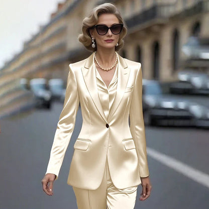 Women's Gold Satin Blazer Suit Set Stylish Single-Breasted Jacket+Pants Luxe Shiny Two-piece for Cocktail Party Wedding Guest