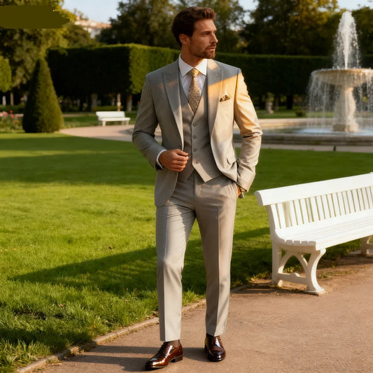 Elegant Men's Grey Slim Fit Tuxedo 3-Piece Smoking Suit with Peak Lapel Blazer Vest Pant For Wedding Party
